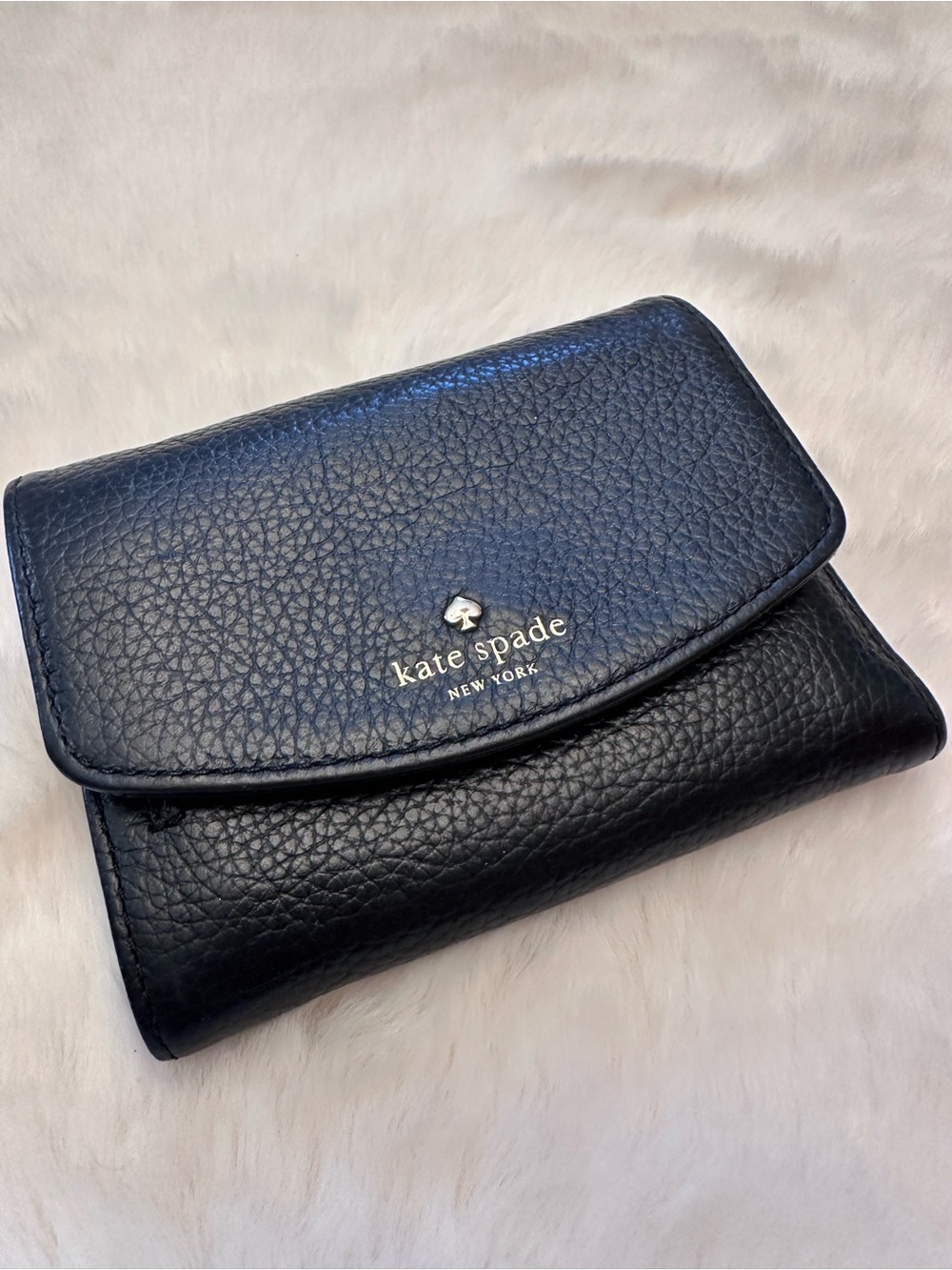 kate spade Black Pebbled Leather Compact Foldover Wallet with Gold Logo